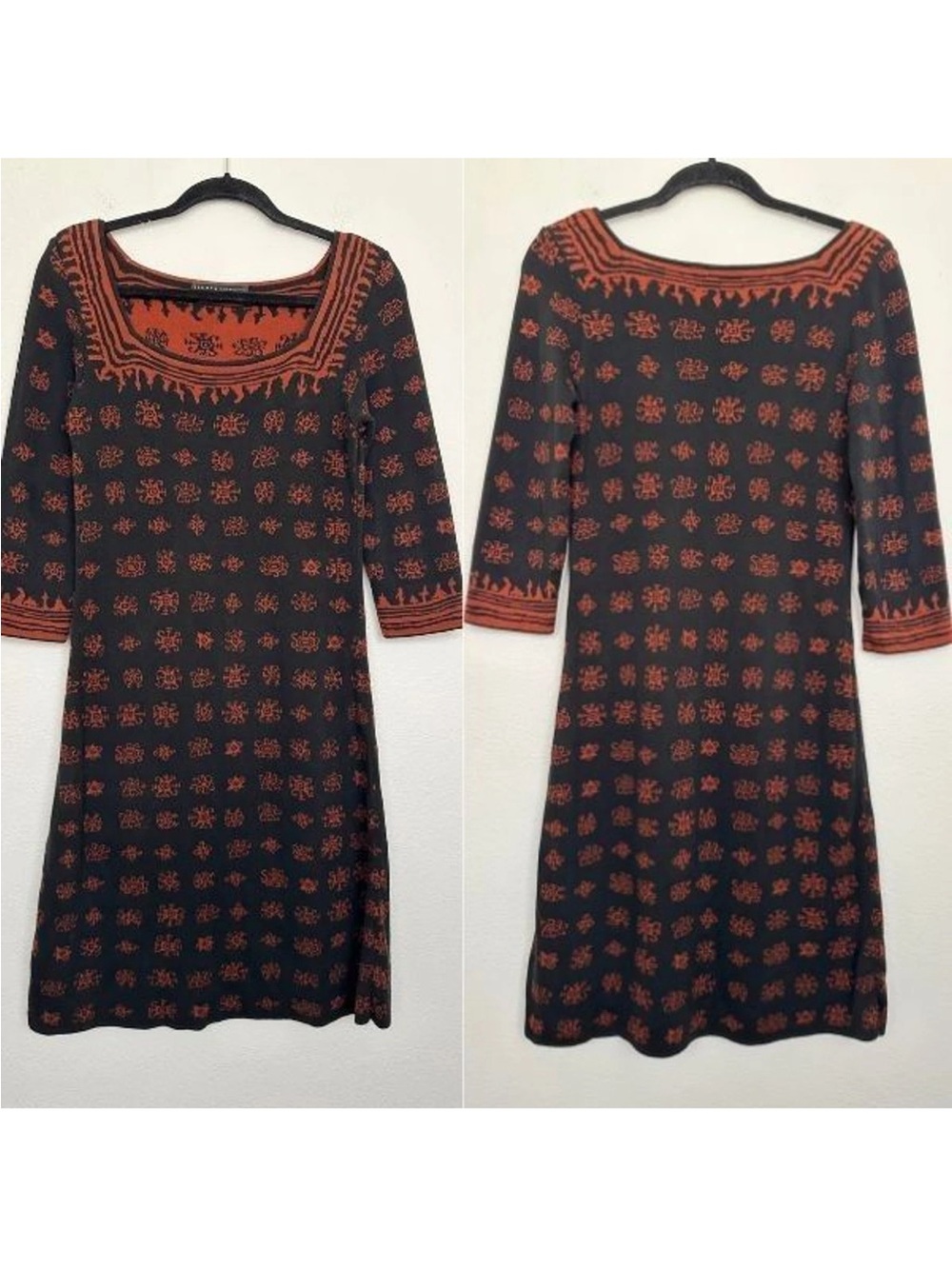 100% Pima Cotton. Black & Rust Patterned Knit Dress - Square Neck